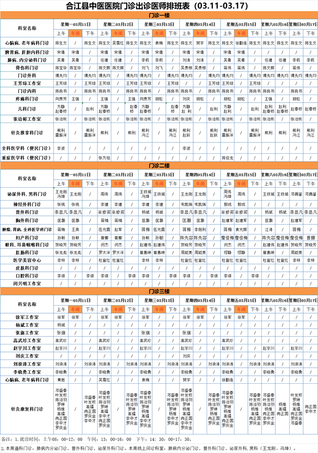 合江縣中醫(yī)醫(yī)院本周（3月11日-3月17日）門診坐診信息