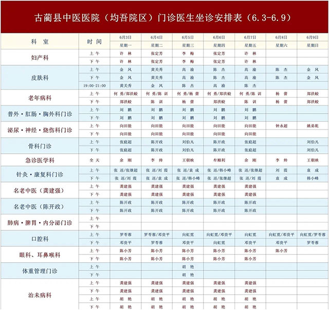 古藺縣中醫(yī)醫(yī)院6月3日-6月9日新老院區(qū)門(mén)診醫(yī)生排班表