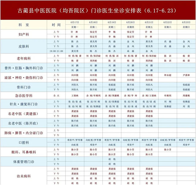 古藺縣中醫(yī)醫(yī)院6月17日-6月23日新老院區(qū)門診醫(yī)生排班表