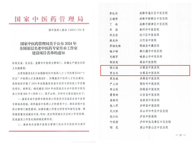 古藺縣中醫(yī)醫(yī)院陳江海、羅永杰入選2024年全國基層名老中醫(yī)藥專家傳承工作室建設(shè)項(xiàng)目名單