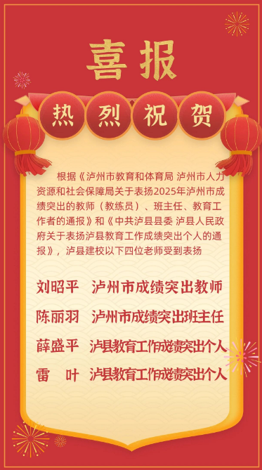 成績突出 瀘縣建校這些老師獲市、縣表揚