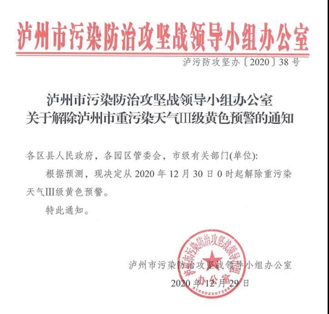 12月30日0時起，瀘州市解除重污染天氣Ⅲ級黃色預(yù)警(圖1)