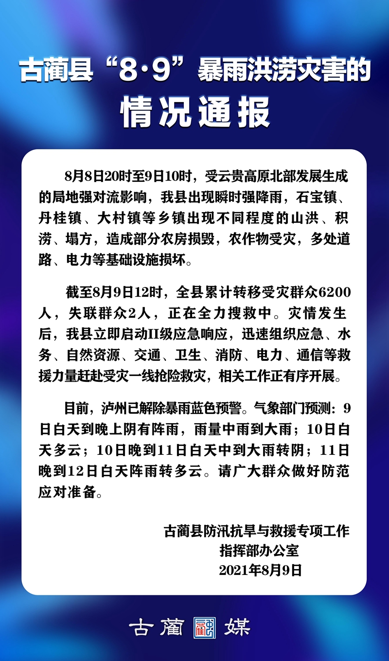 古藺縣“8·9”暴雨洪澇災(zāi)害的情況通報(bào)(圖1)